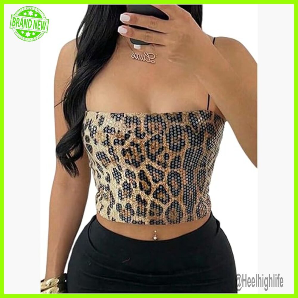 Sequin Leopard Print Spaghetti Strap Crop Top Wom… - image 1